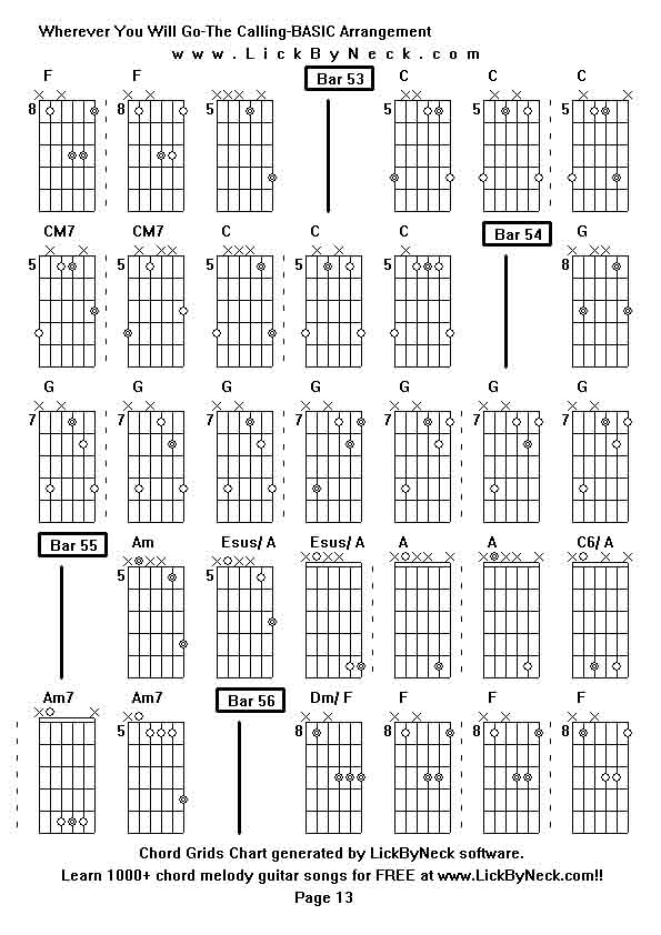 Chord Grids Chart of chord melody fingerstyle guitar song-Wherever You Will Go-The Calling-BASIC Arrangement,generated by LickByNeck software.